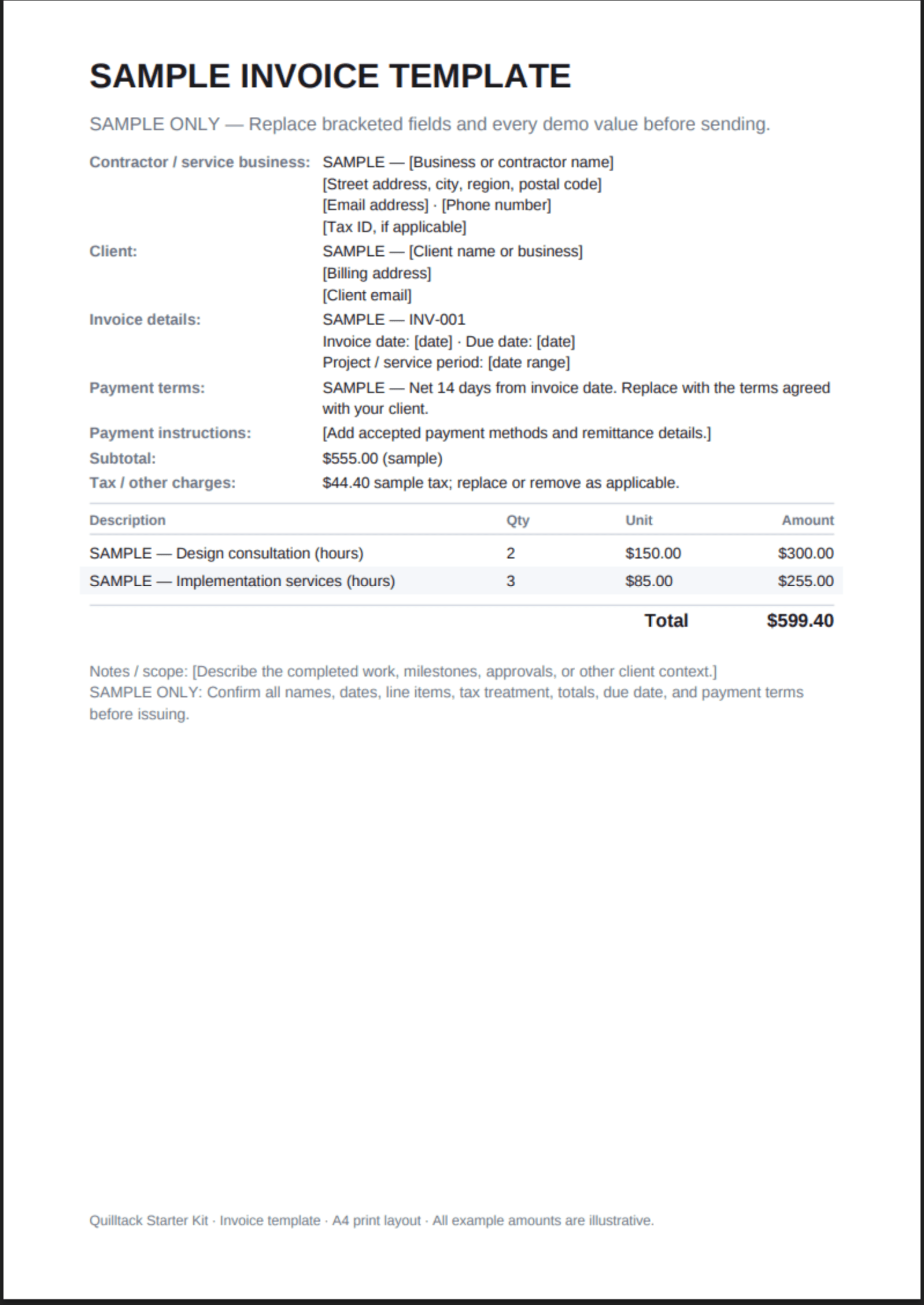 Full-page preview of the invoice-template.pdf included in the Starter Kit.